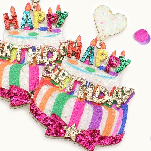 Happy birthday glittered heart cake earrings - Picture 3 of 5